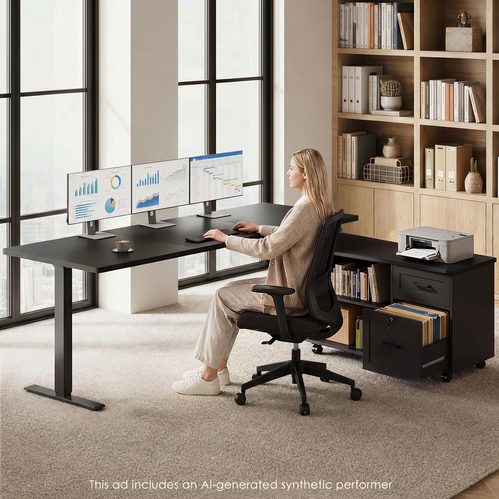 OffiGo Electric Standing Desk with File Cabinet, Large Corner Adjustable Height Table with Power Outlets, Executive L-Shaped Lift Workstation for Home, Office