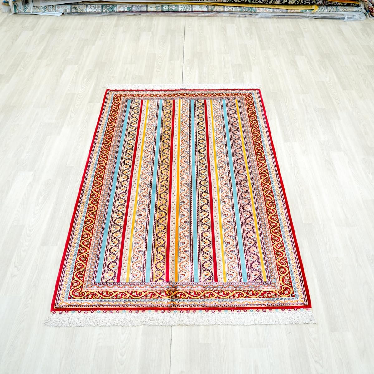 Hand-Knotted Silk Striped Floral Area Rug, 4 x 6 ft