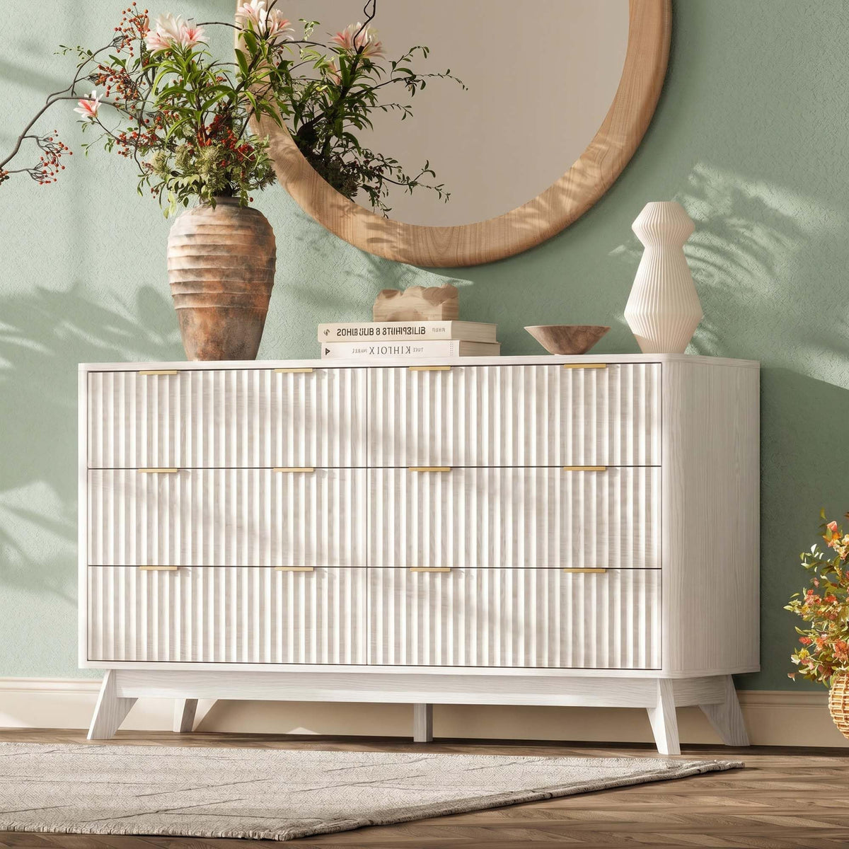 TROJM Fluted Curved-Edge Bedroom Dresser with Storage Drawers
