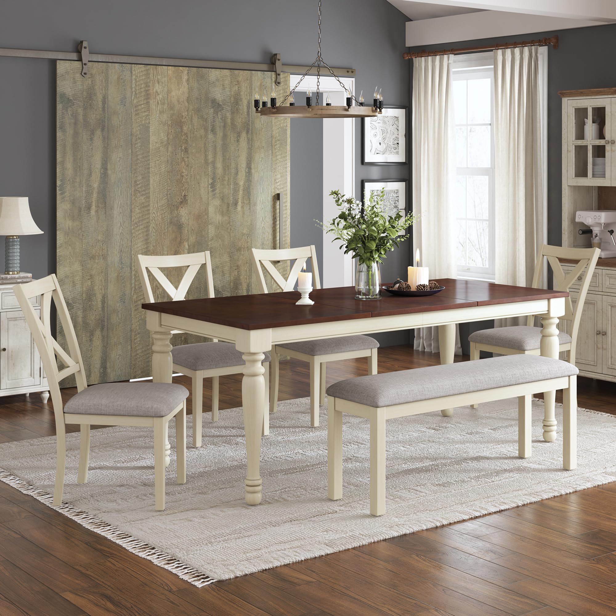 AMERLIFE 6-Piece Farmhouse Dining Set with Bench & Chairs