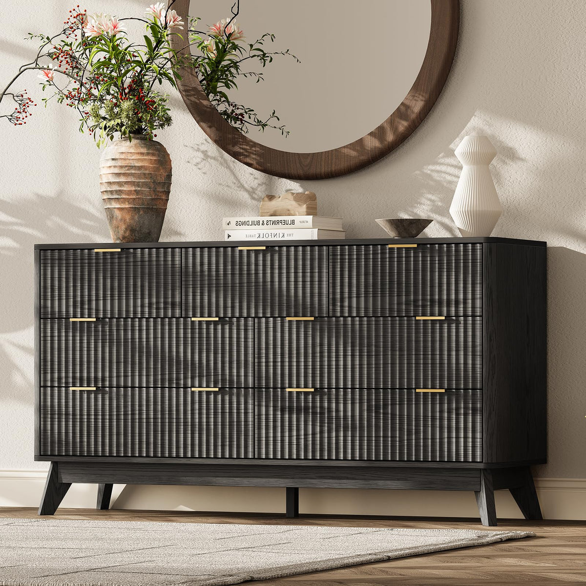TROJM Fluted Curved-Edge Bedroom Dresser with Storage Drawers