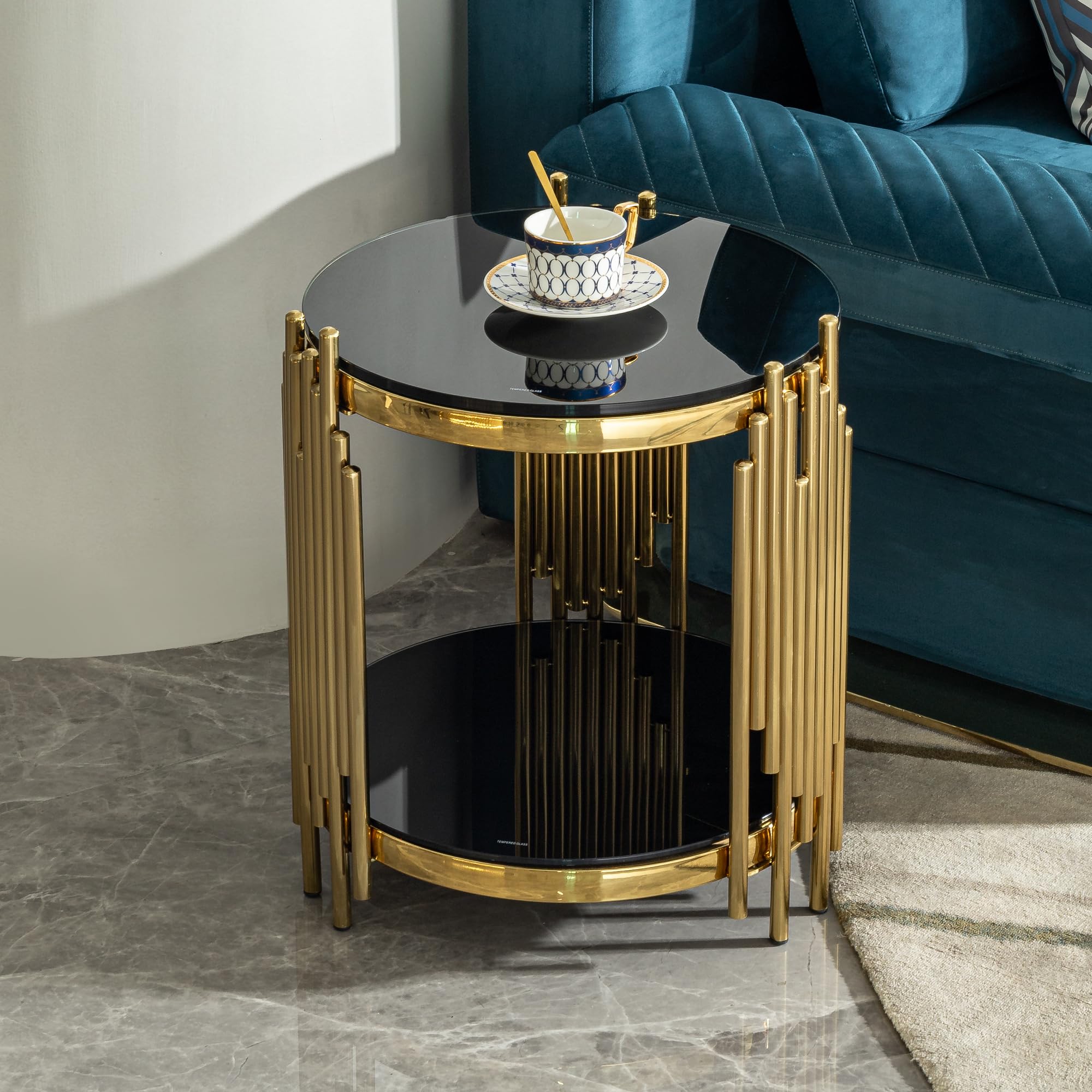 Sybrioka Luxury Gold Round Glass Coffee Table, Modern Center Table with Stainless Steel Irregular Leg Tempered Glass Tabletop, Accent Furniture for Living Room