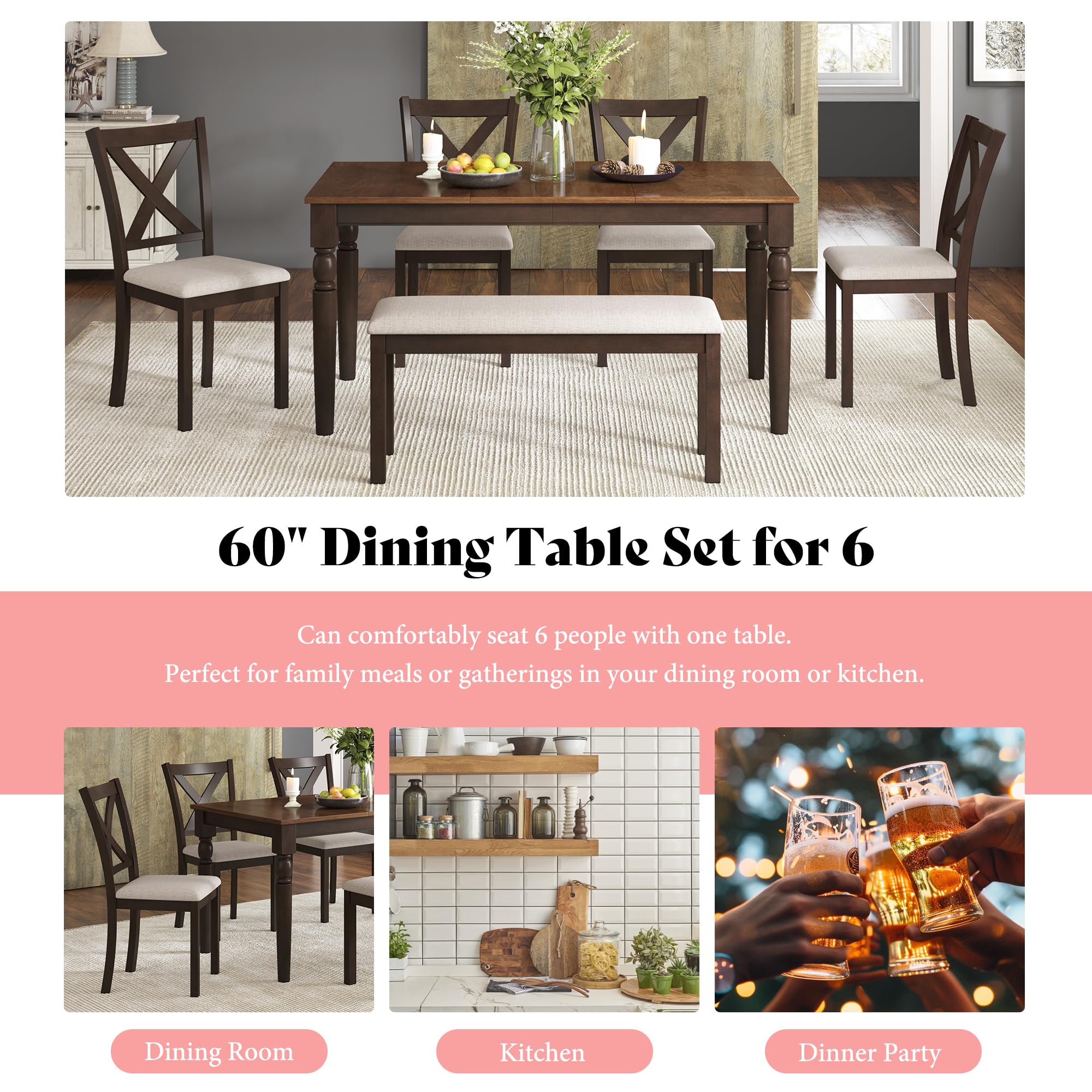 AMERLIFE 6-Piece Farmhouse Dining Table Set,Solid Wood Table with 4 Upholstered Chairs and Bench, Comfortable Seating for 6, for Kitchen or Dining Room