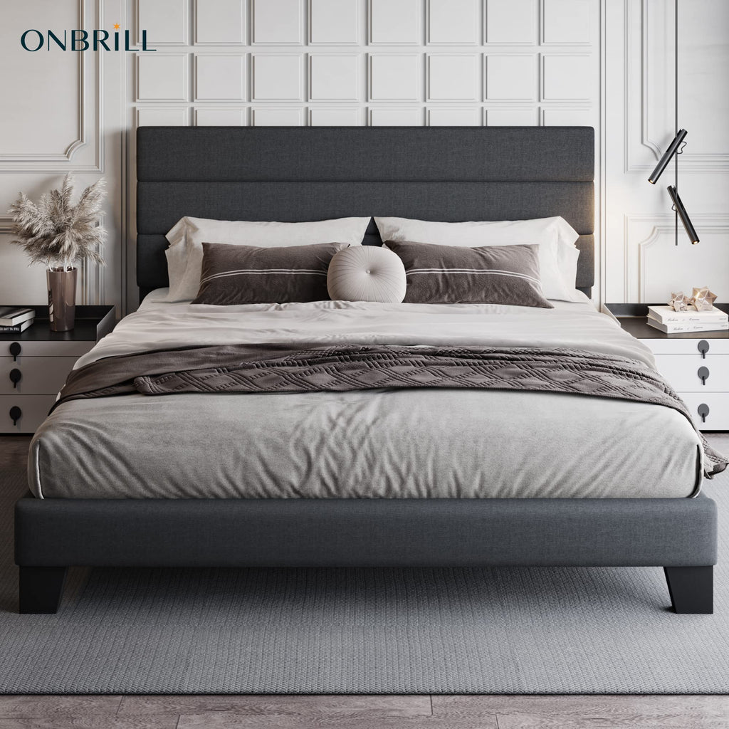 ONBRILL King Size Bed Frame with Fabric Upholstered Headboard, Sturdy Wood Slat Support,Upholstered Mattress Foundation,No Box Spring Needed,Easy Assembly,Grey