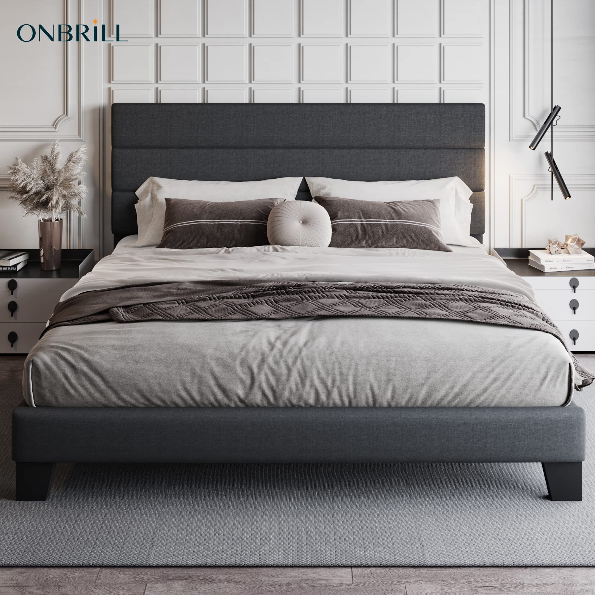 ONBRILL King Size Bed Frame with Fabric Upholstered Headboard, Sturdy Wood Slat Support,Upholstered Mattress Foundation,No Box Spring Needed,Easy Assembly,Grey