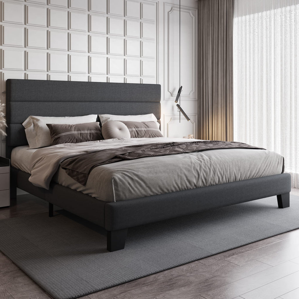 ONBRILL King Size Bed Frame with Fabric Upholstered Headboard, Sturdy Wood Slat Support,Upholstered Mattress Foundation,No Box Spring Needed,Easy Assembly,Grey