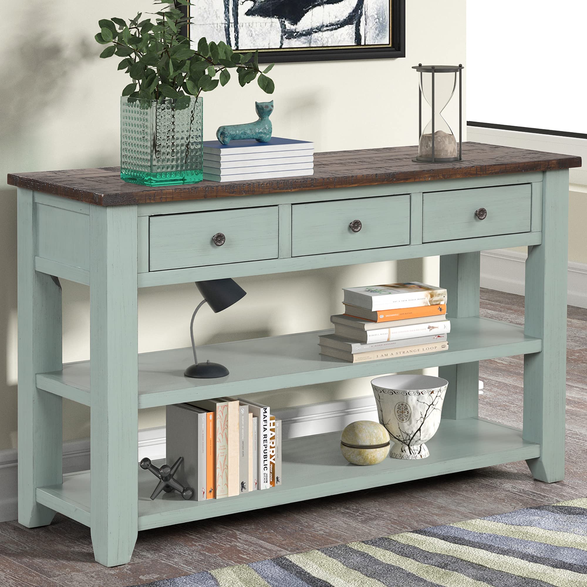 48-Inch Farmhouse Wood Console Table with Drawers & Shelves