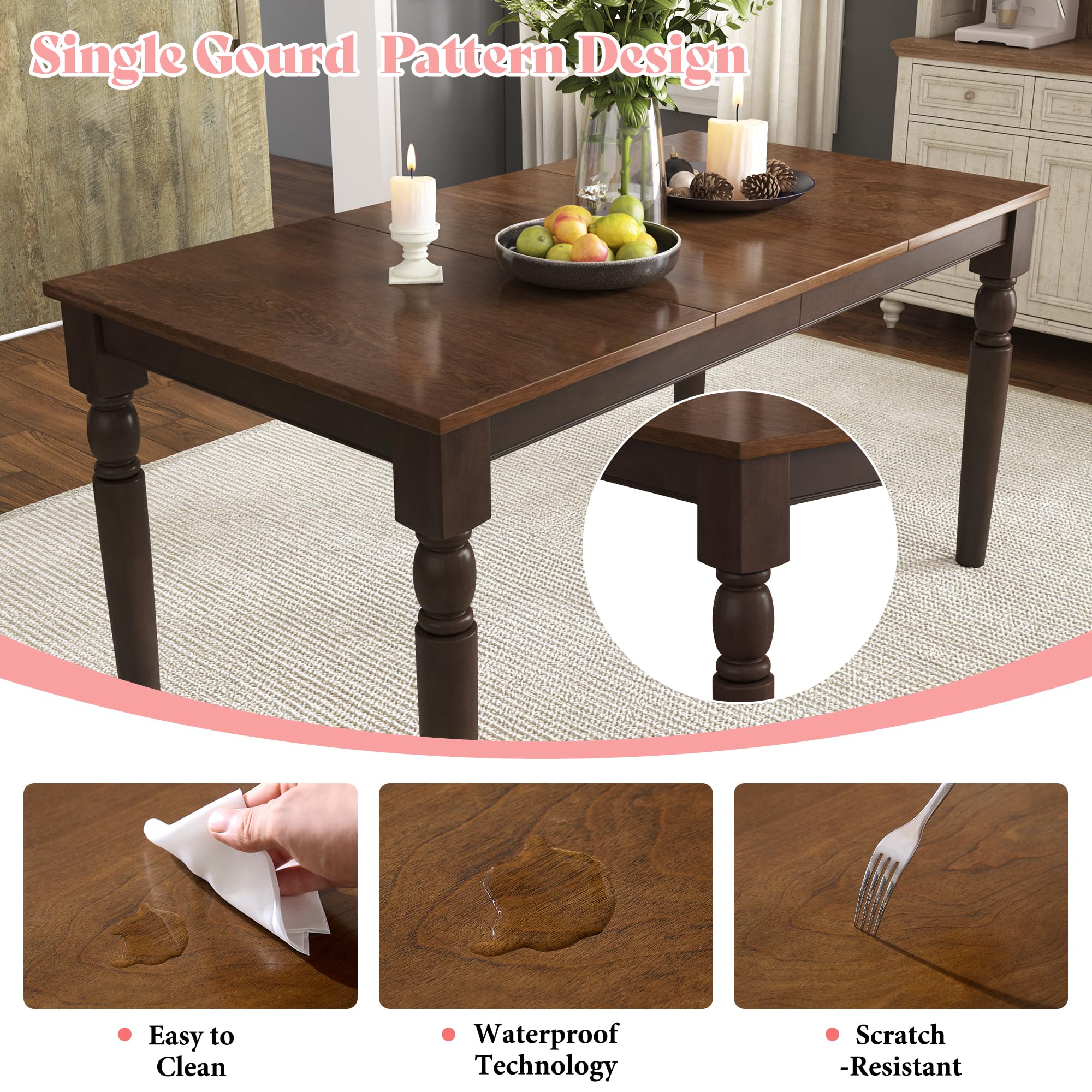 AMERLIFE 6-Piece Farmhouse Dining Table Set,Solid Wood Table with 4 Upholstered Chairs and Bench, Comfortable Seating for 6, for Kitchen or Dining Room