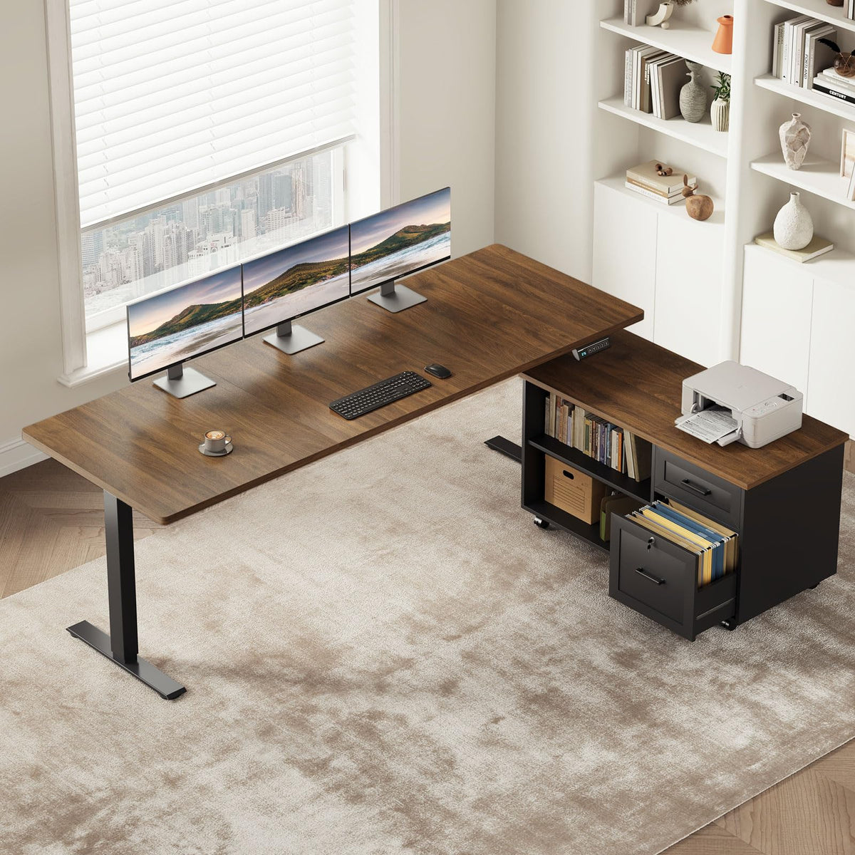 OffiGo L-Shaped Electric Standing Desk with File Cabinet