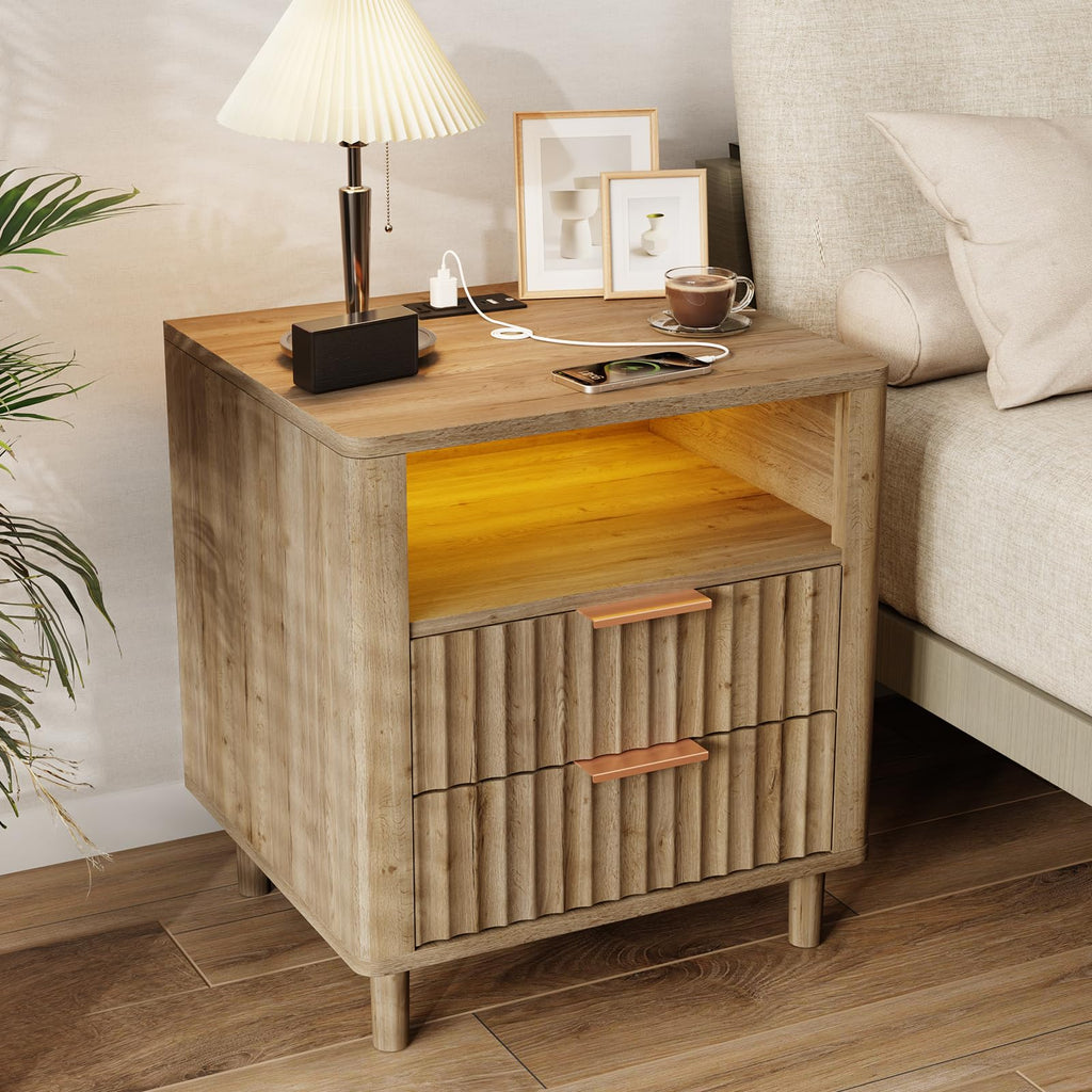 CozyMine Fluted Nightstand with Charging Station