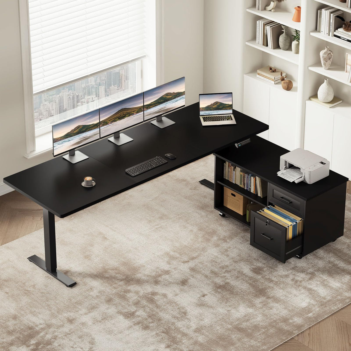 OffiGo L-Shaped Electric Standing Desk with File Cabinet