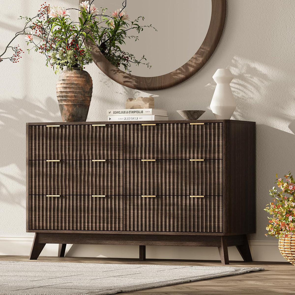 TROJM Fluted Curved-Edge Bedroom Dresser with Storage Drawers