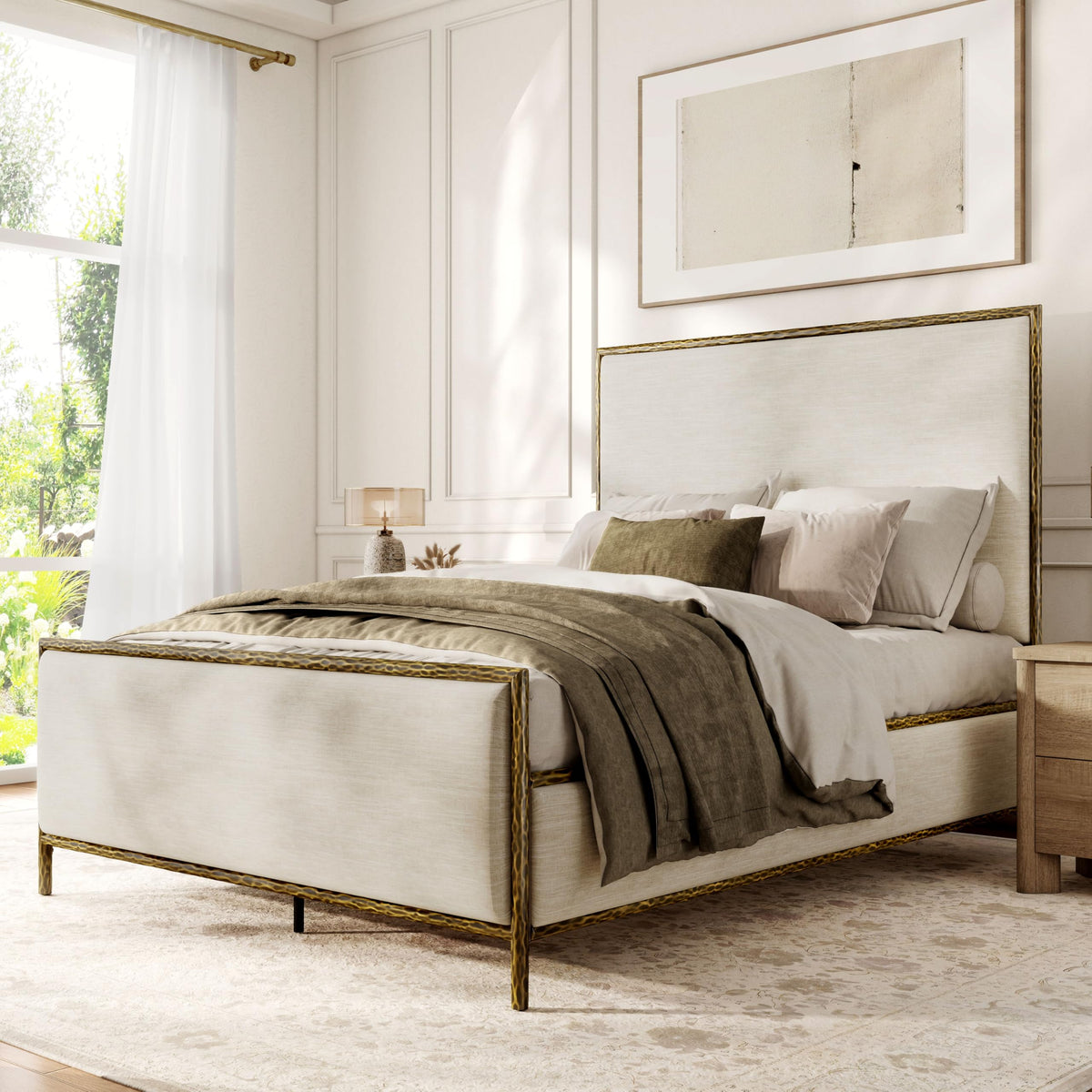 Lalia Hammered Metal Bed with Beige Upholstered Headboard