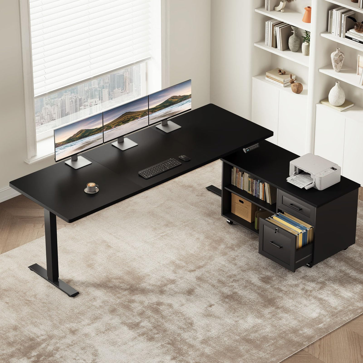 OffiGo L-Shaped Electric Standing Desk with File Cabinet