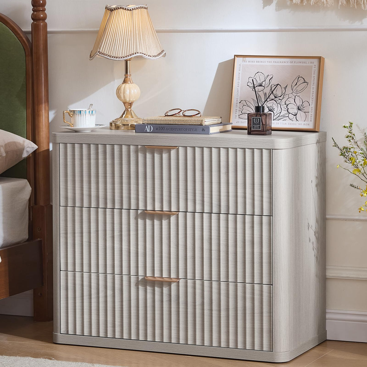 LEYAOYAO Wide Fluted Nightstand for Large Spaces