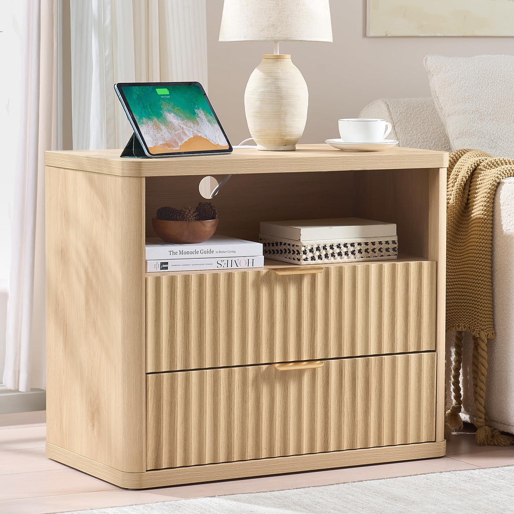 LEYAOYAO Wide Fluted Nightstand for Large Spaces