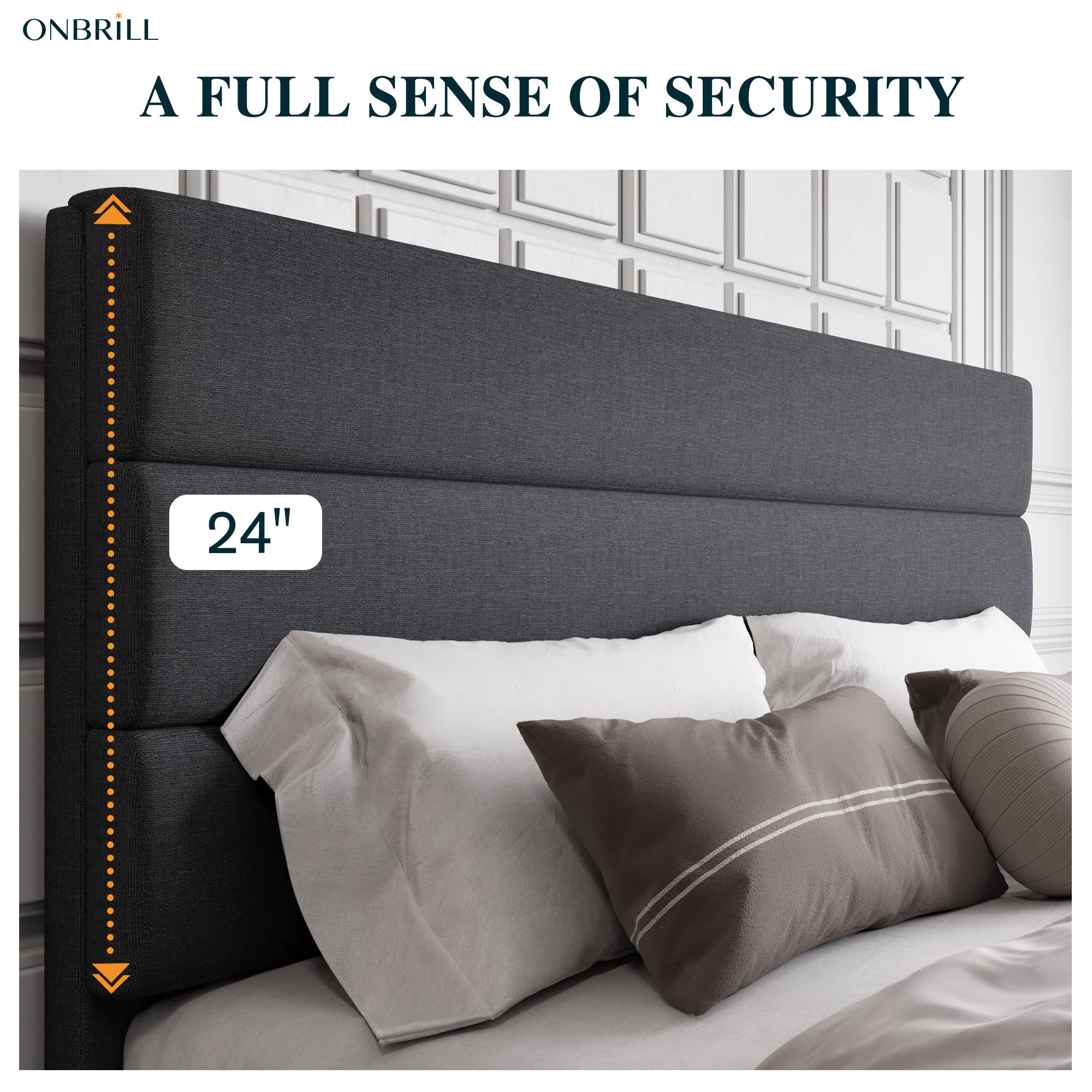ONBRILL King Size Bed Frame with Fabric Upholstered Headboard, Sturdy Wood Slat Support,Upholstered Mattress Foundation,No Box Spring Needed,Easy Assembly,Grey