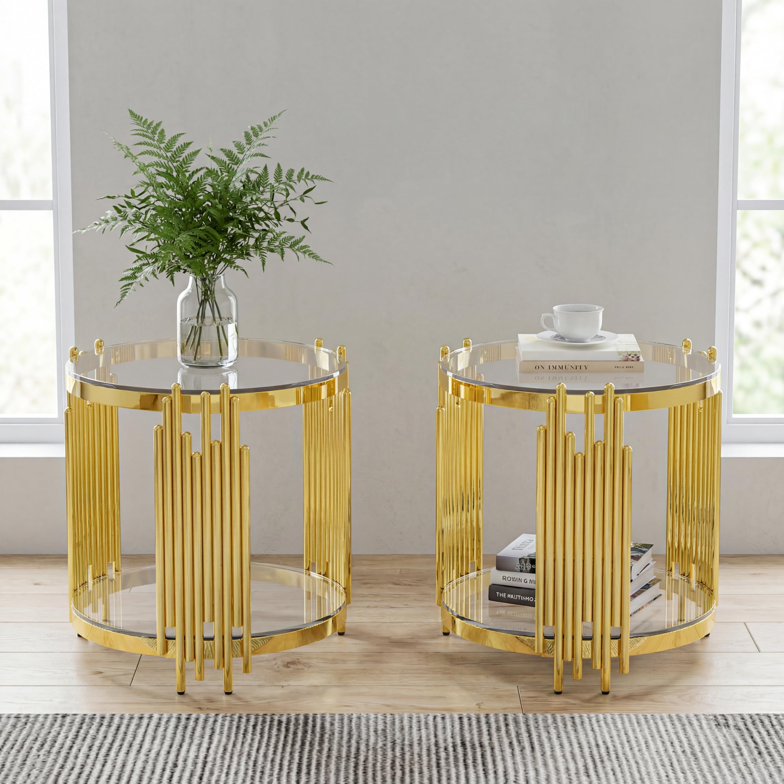 Sybrioka Luxury Gold Round Glass Coffee Table with Irregular Base