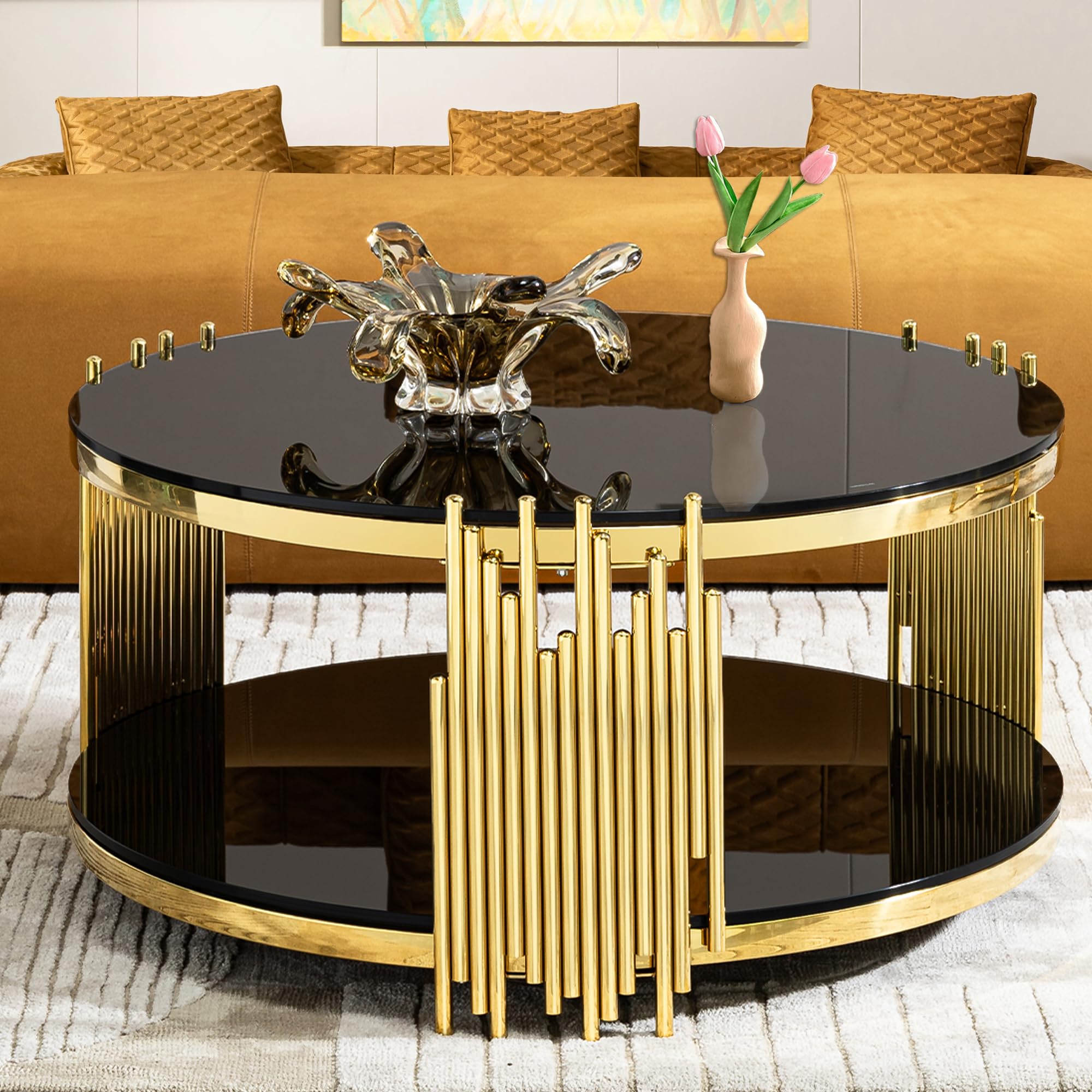 Sybrioka Luxury Gold Round Glass Coffee Table with Irregular Base