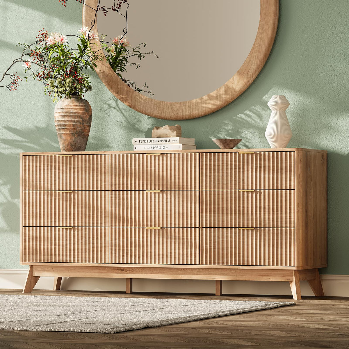 TROJM Fluted Curved-Edge Bedroom Dresser with Storage Drawers