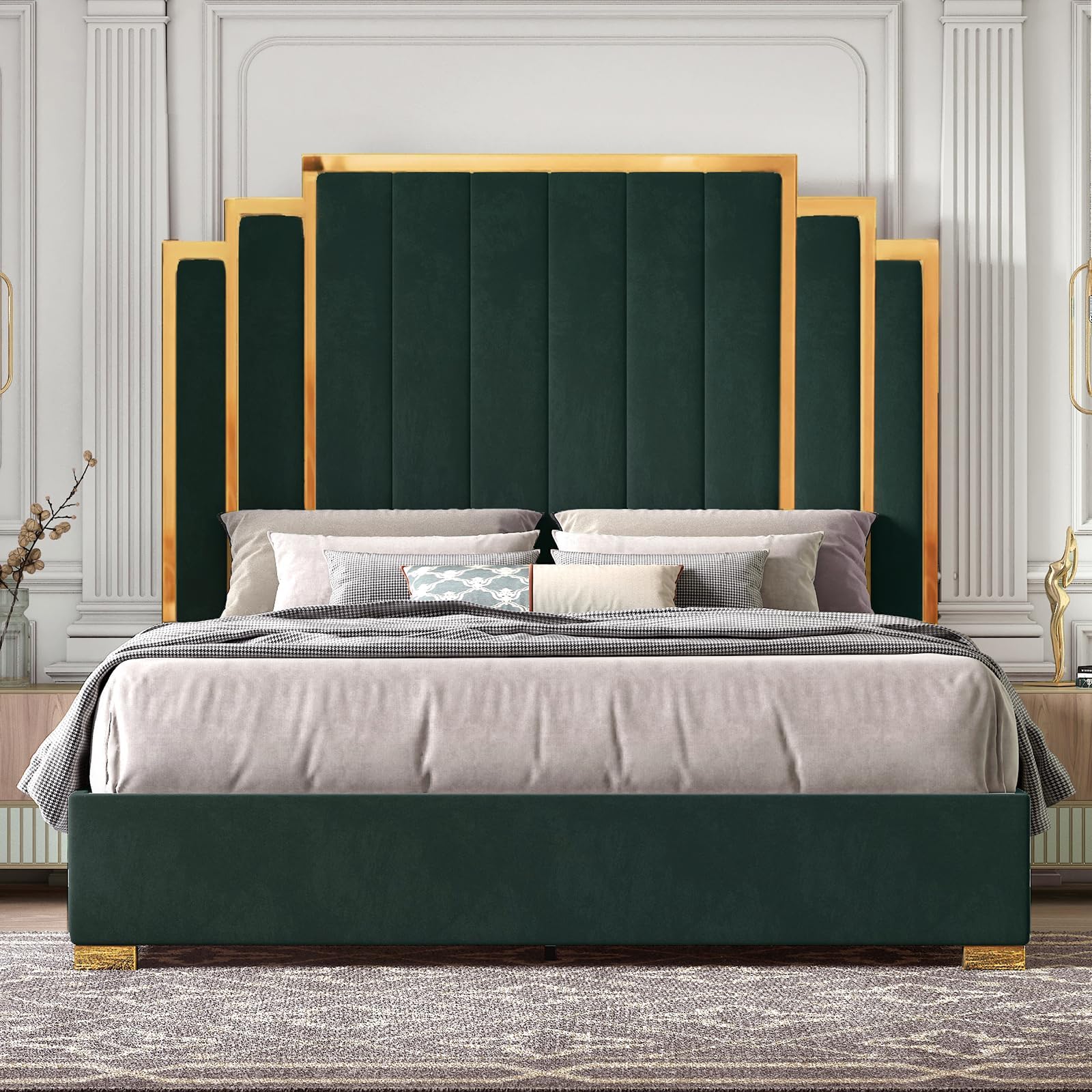 HOWE Upholstered Platform Bed with Headboard & Gold Trim