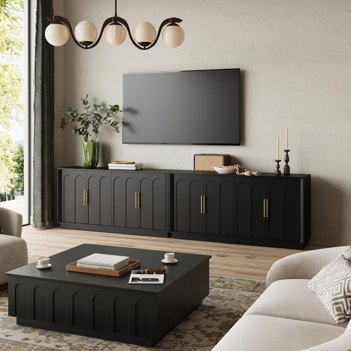FORTUNETEC Sideboard Buffet Cabinet with Storage, Mid Century Modern Accent Cabinet with Arched Doors, Modular Media Console, 67" Large Credenza for Living Room Kitchen Dining Room Entryway