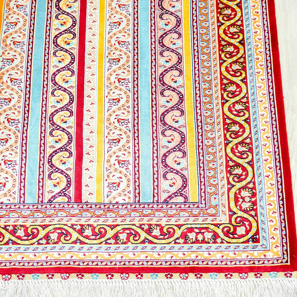Hand-Knotted Silk Striped Floral Area Rug, 4 x 6 ft