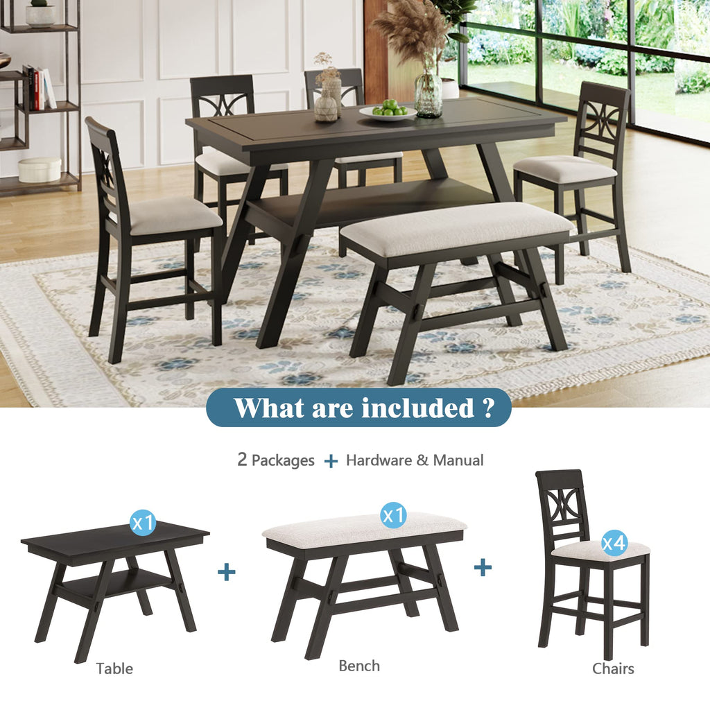 6-Piece Rustic Style Wood Counter Height Dining Table Set with Storage Shelf, Bench and 4 Chairs, Kitchen Dining Table Chairs Set for 6 Persons (Walnut + Wood + Foam) (Espresso + Wood + Foam)