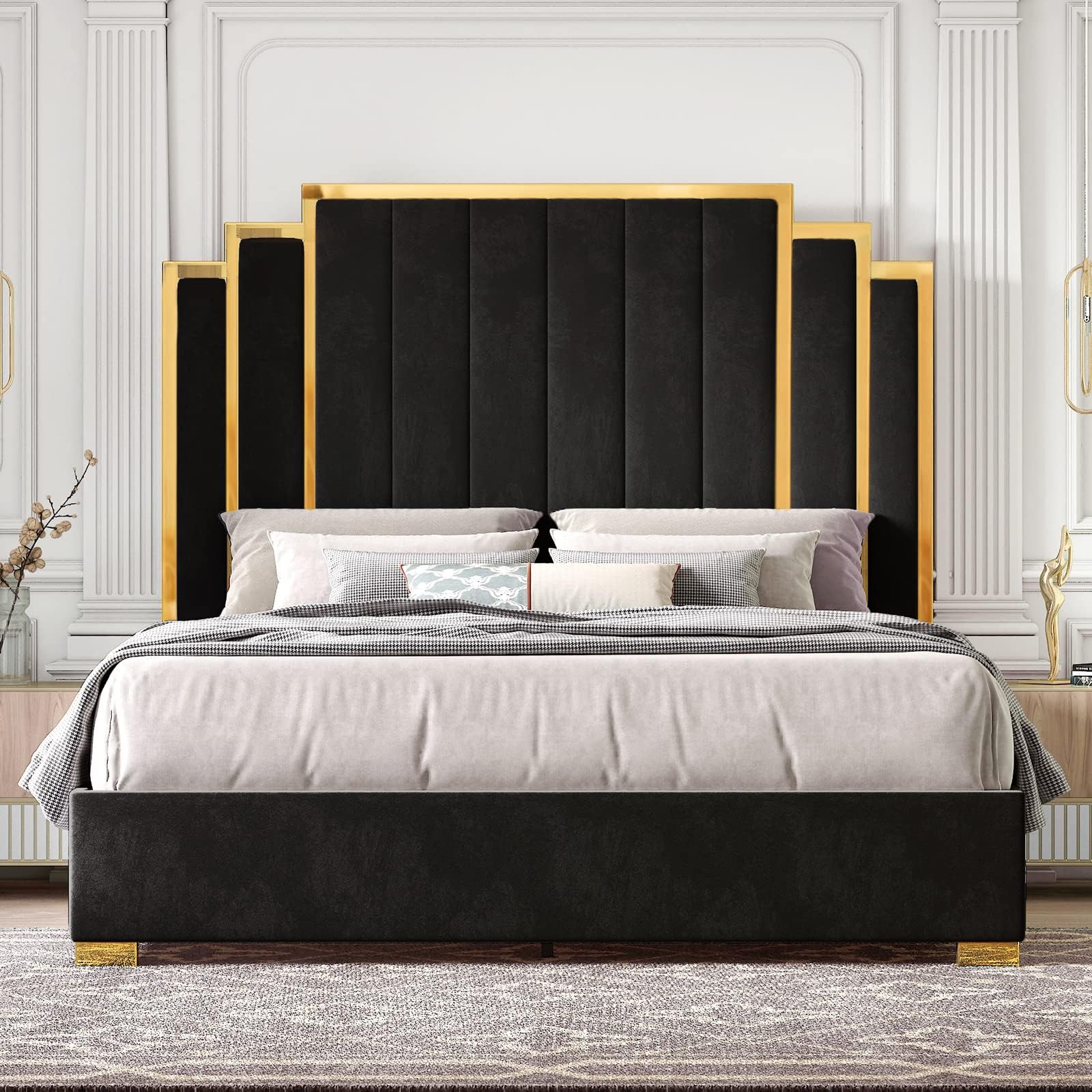 HOWE Upholstered Platform Bed with Headboard & Gold Trim