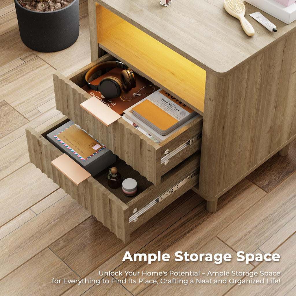 CozyMine Fluted Nightstand with Charging Station