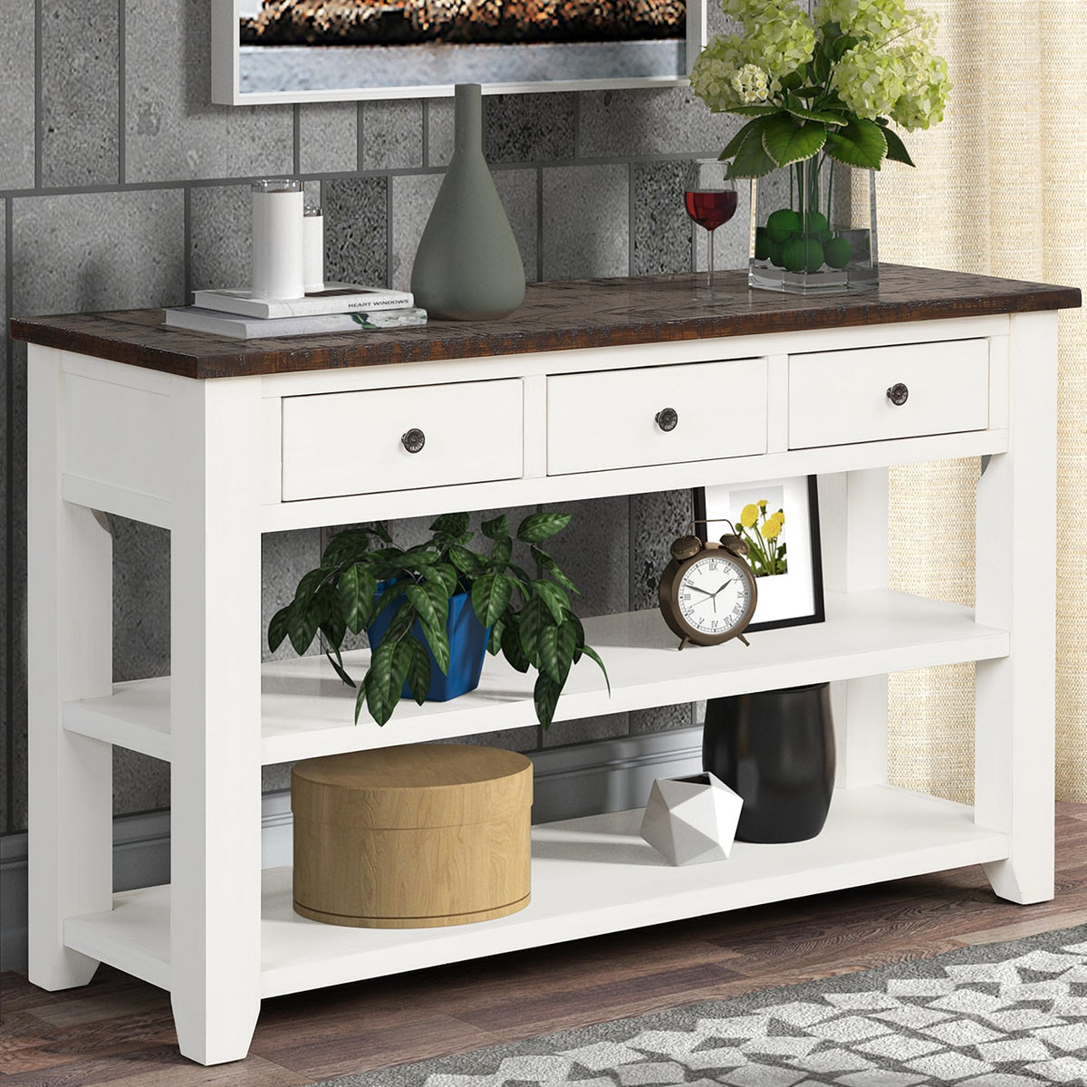 48-Inch Farmhouse Wood Console Table with Drawers & Shelves
