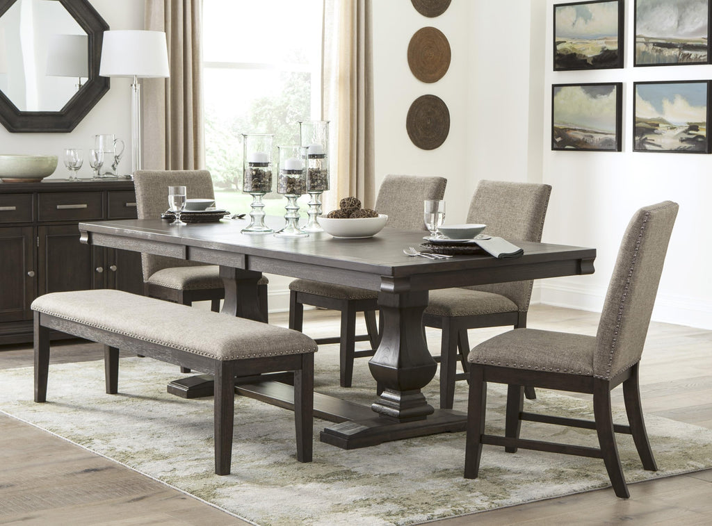 6pc Dining Set Style Dining Table Double Pedestal Base and Upholstered Beige Side Chairs Bench Dining Wooden Furniture