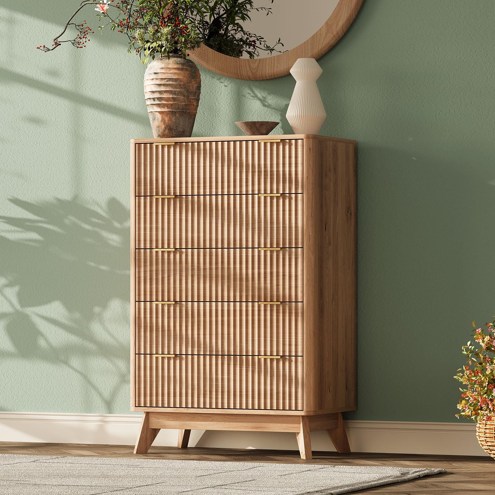 TROJM Fluted Curved-Edge Bedroom Dresser with Storage Drawers