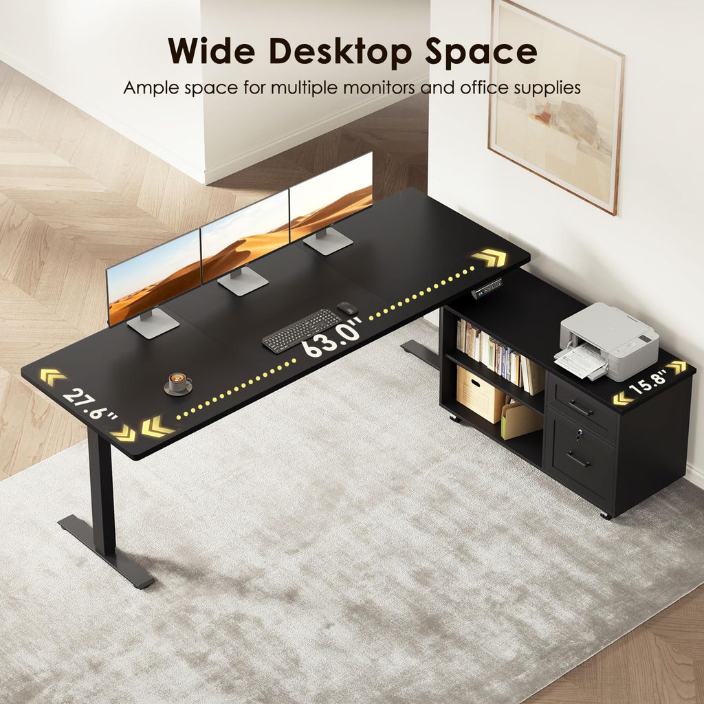 OffiGo Electric Standing Desk with File Cabinet, Large Corner Adjustable Height Table with Power Outlets, Executive L-Shaped Lift Workstation for Home, Office