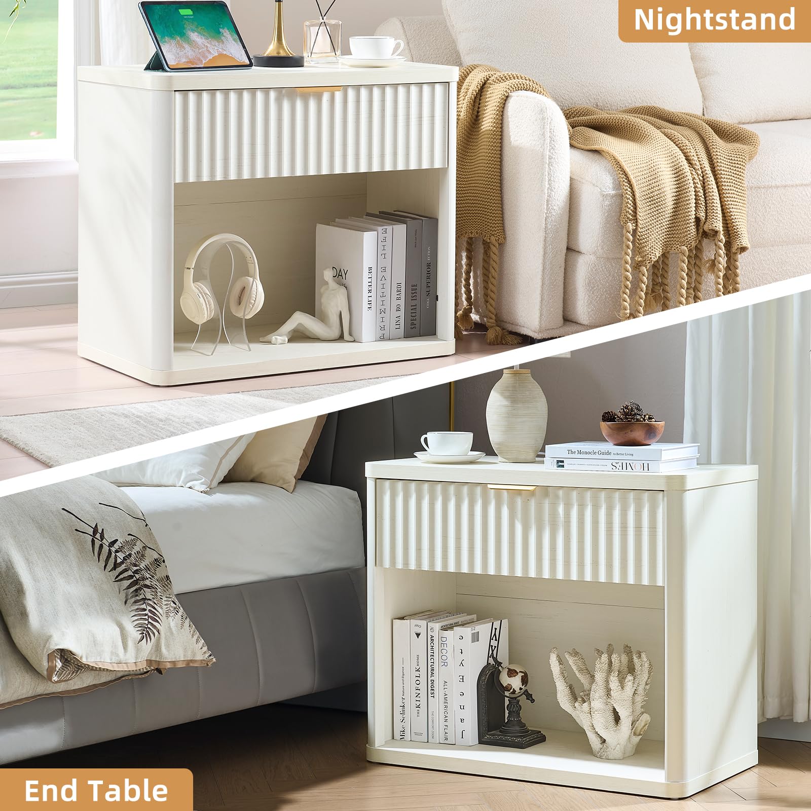 LEYAOYAO Wide Fluted Nightstand for Large Spaces