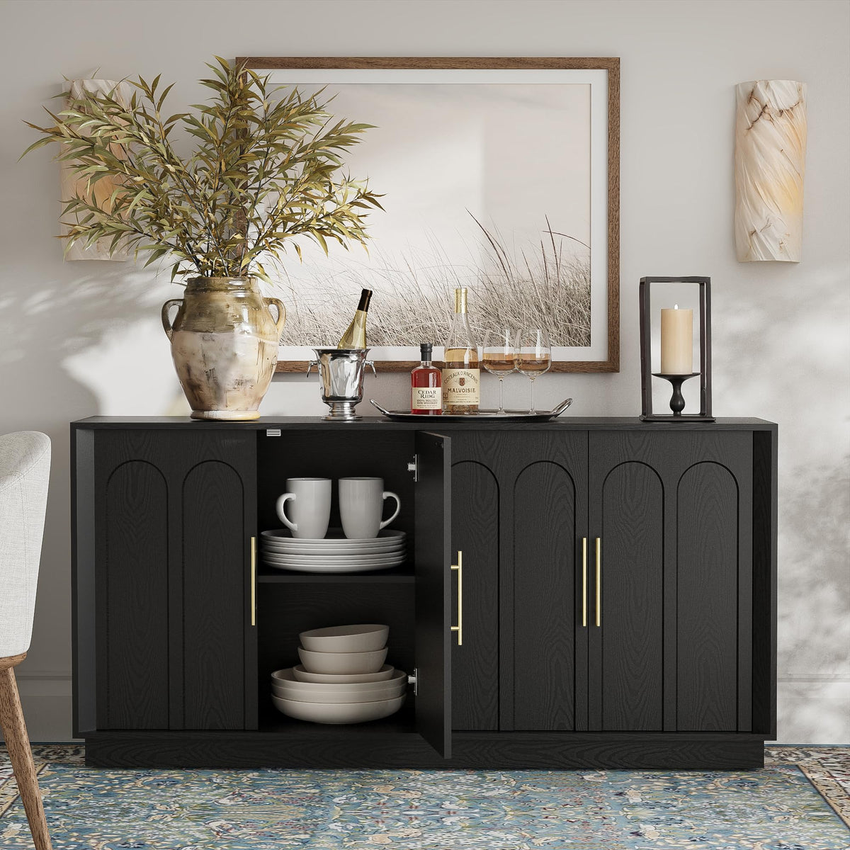 FORTUNETEC Sideboard Buffet Cabinet with Storage, Mid Century Modern Accent Cabinet with Arched Doors, Modular Media Console, 67" Large Credenza for Living Room Kitchen Dining Room Entryway