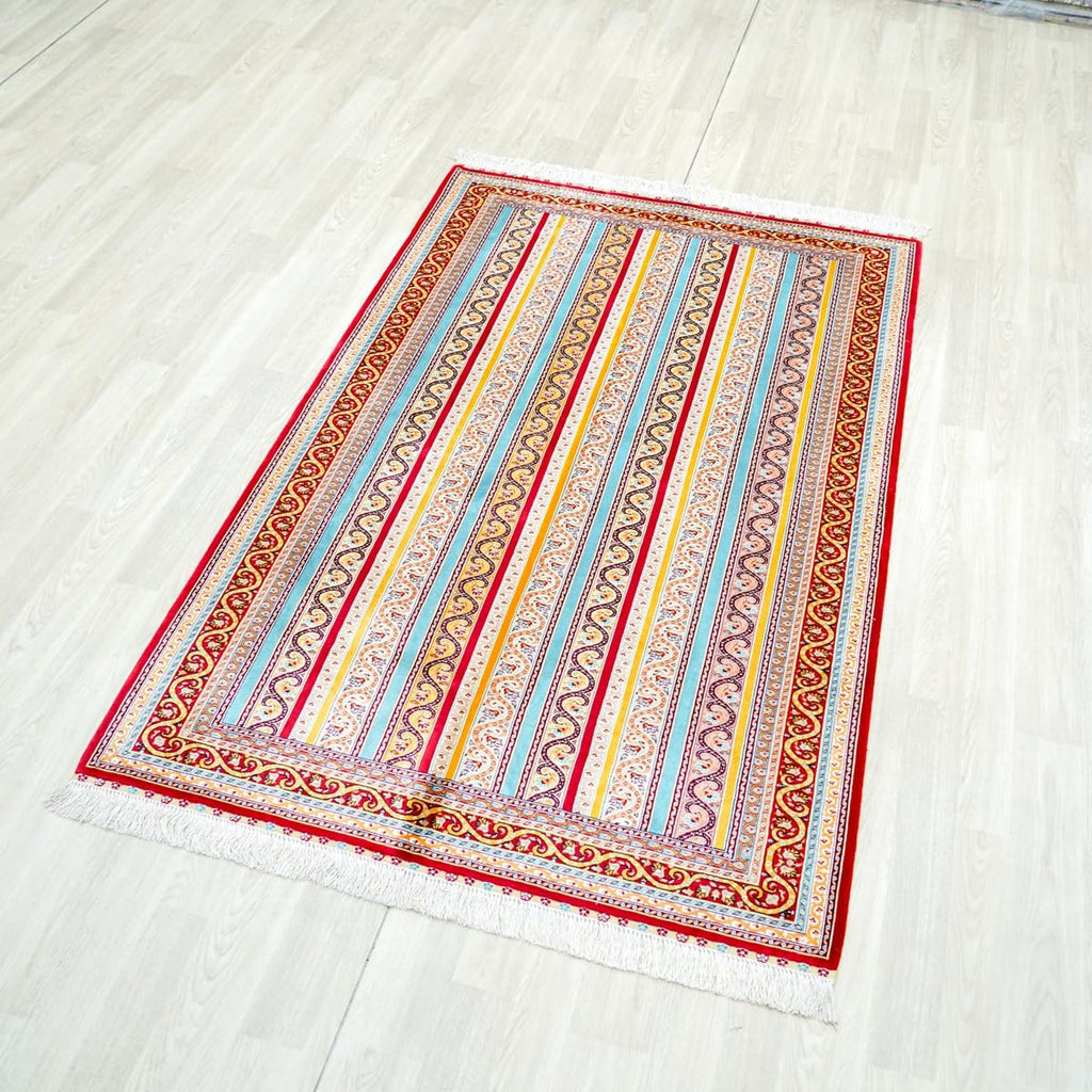 Hand-Knotted Silk Striped Floral Area Rug, 4 x 6 ft