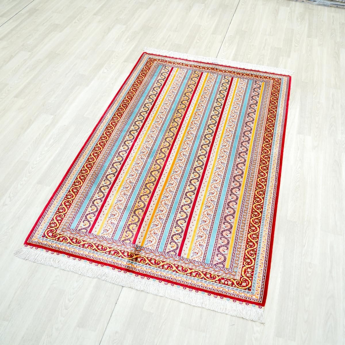 Hand-Knotted Silk Striped Floral Area Rug, 4 x 6 ft