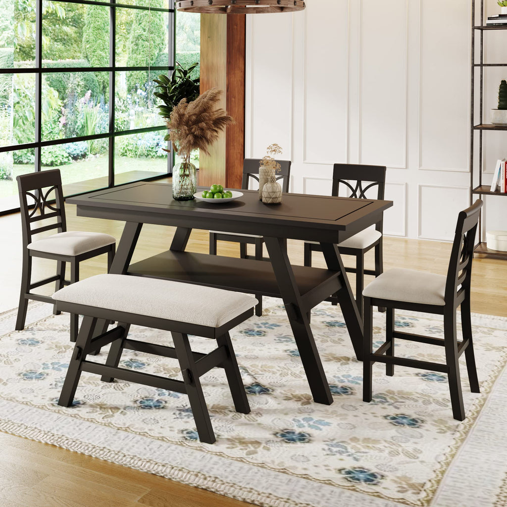 6-Piece Rustic Style Wood Counter Height Dining Table Set with Storage Shelf, Bench and 4 Chairs, Kitchen Dining Table Chairs Set for 6 Persons (Walnut + Wood + Foam) (Espresso + Wood + Foam)