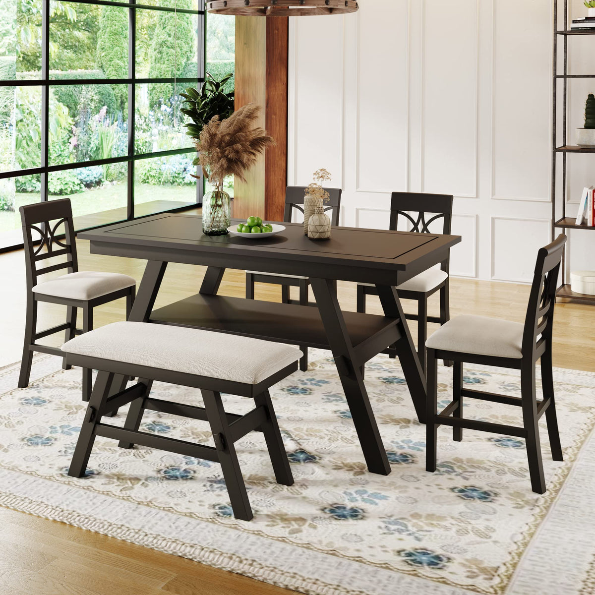6-Piece Rustic Style Wood Counter Height Dining Table Set with Storage Shelf, Bench and 4 Chairs, Kitchen Dining Table Chairs Set for 6 Persons (Walnut + Wood + Foam) (Espresso + Wood + Foam)