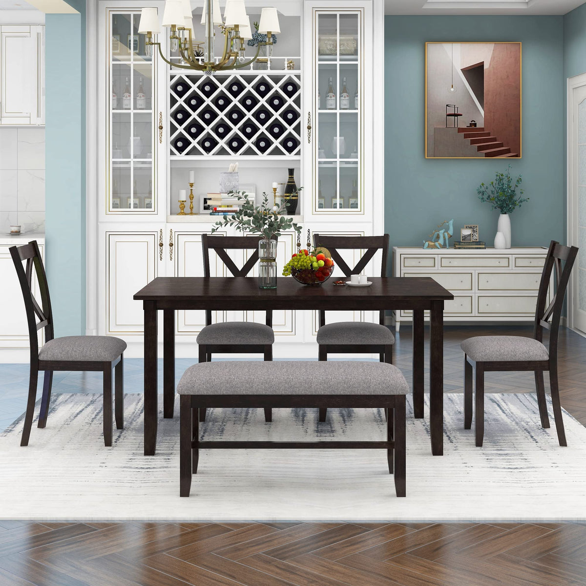 XD Designs 6-Piece Farmhouse Dining Set with Bench & Chairs