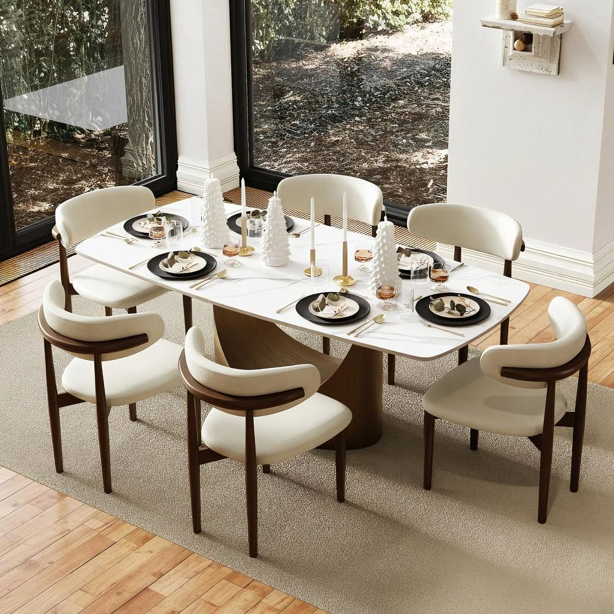 POVISON Modern Dining Table Marble White Black Bronze for Dining Room Kitchen