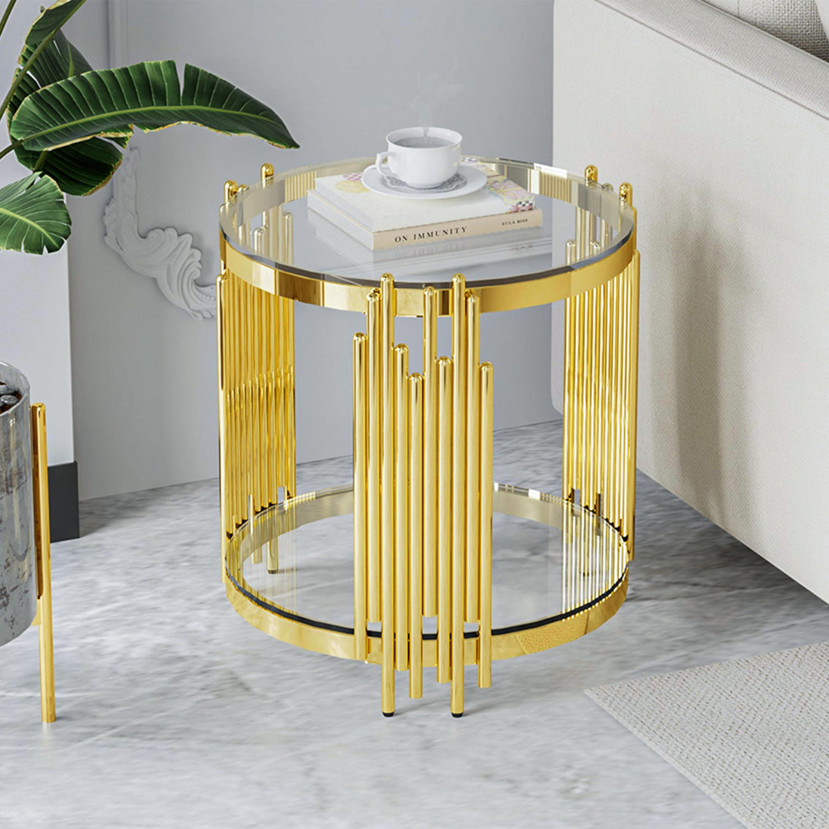 Sybrioka Luxury Gold Round Glass Coffee Table with Irregular Base