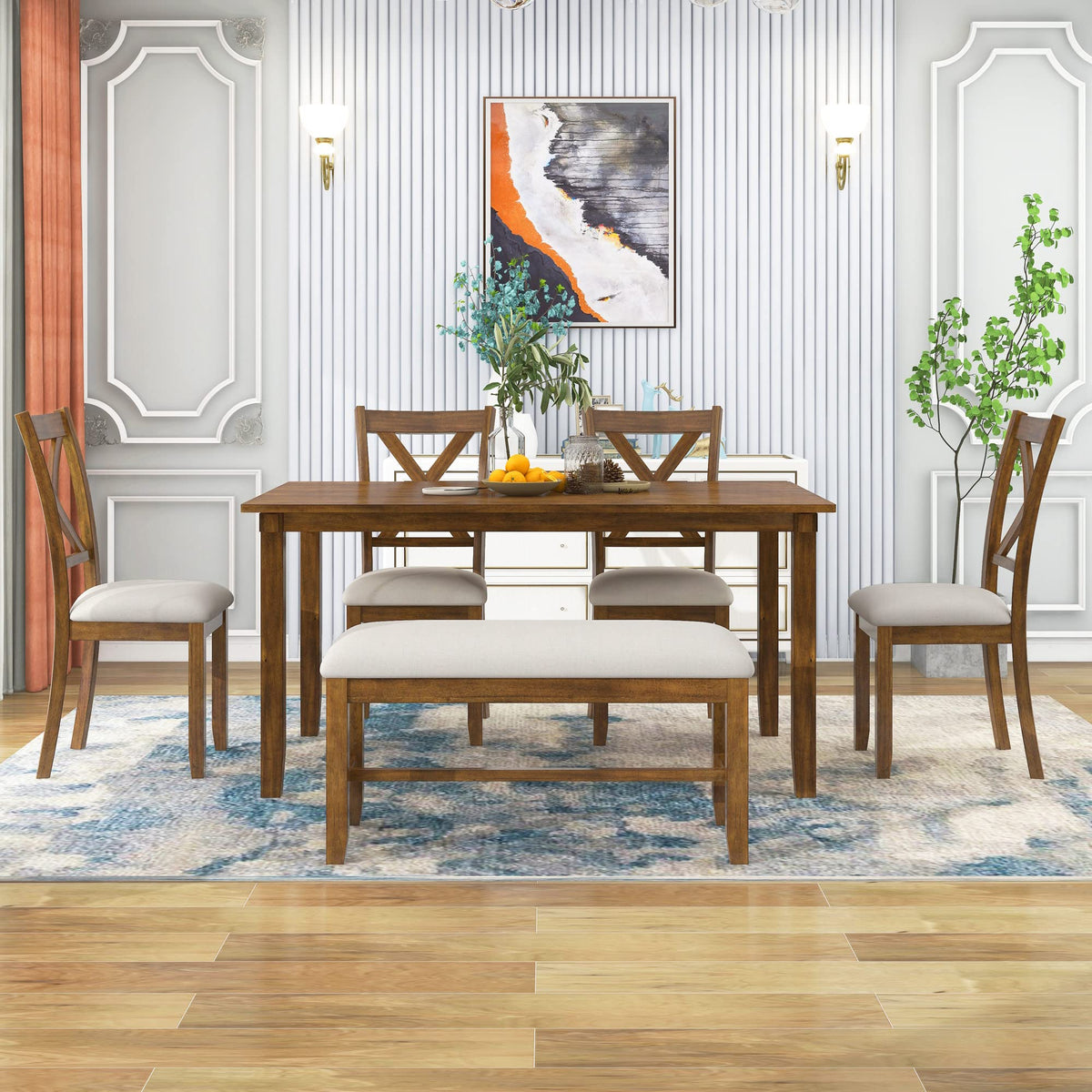 XD Designs 6-Piece Farmhouse Dining Set with Bench & Chairs
