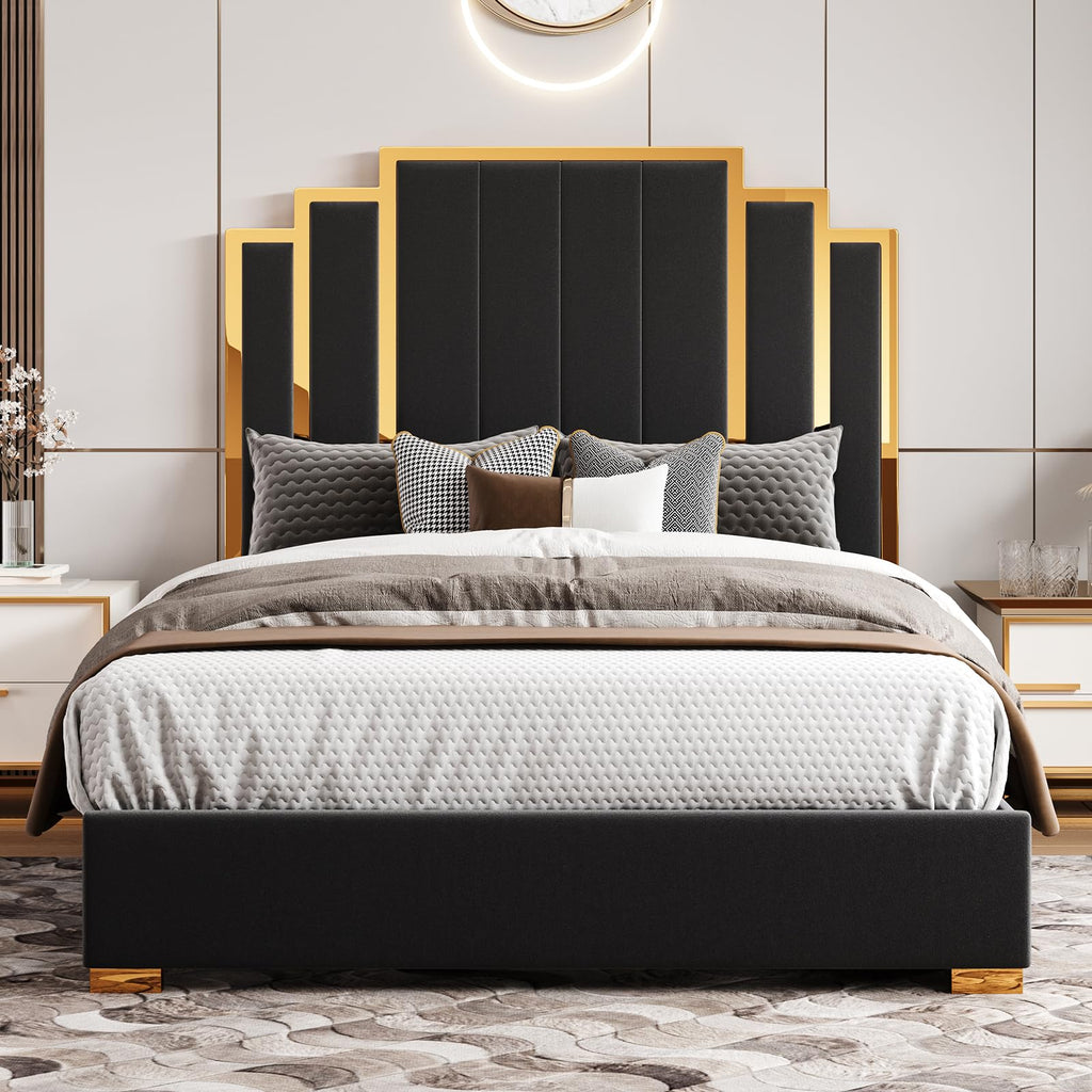 HOWE Bed Frame and Headboard, Upholstered Bed with Golden Plating Trim, Modern Platform Bed No Box Spring Needed