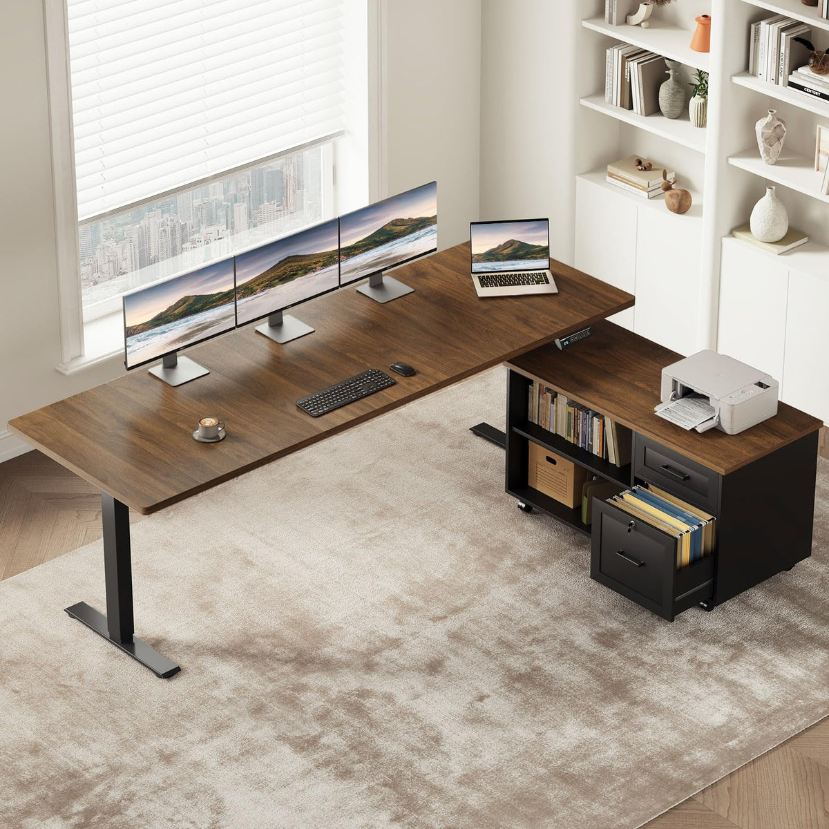 OffiGo L-Shaped Electric Standing Desk with File Cabinet