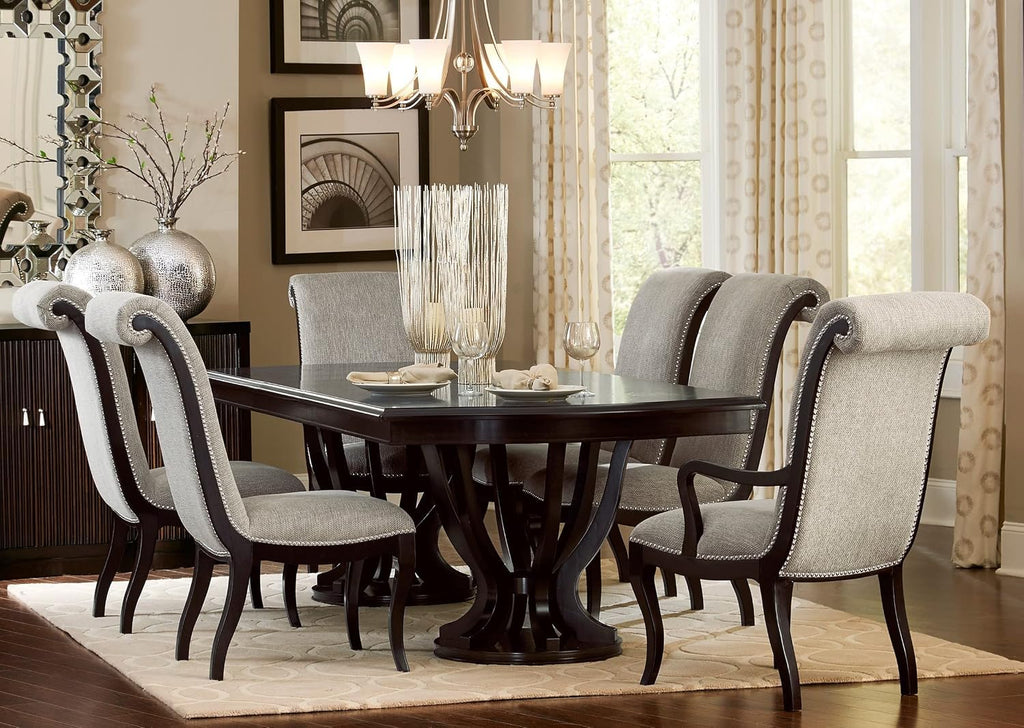 Extendable Dining Table with Espresso h, Modern Double Pedel Base & Leaf
