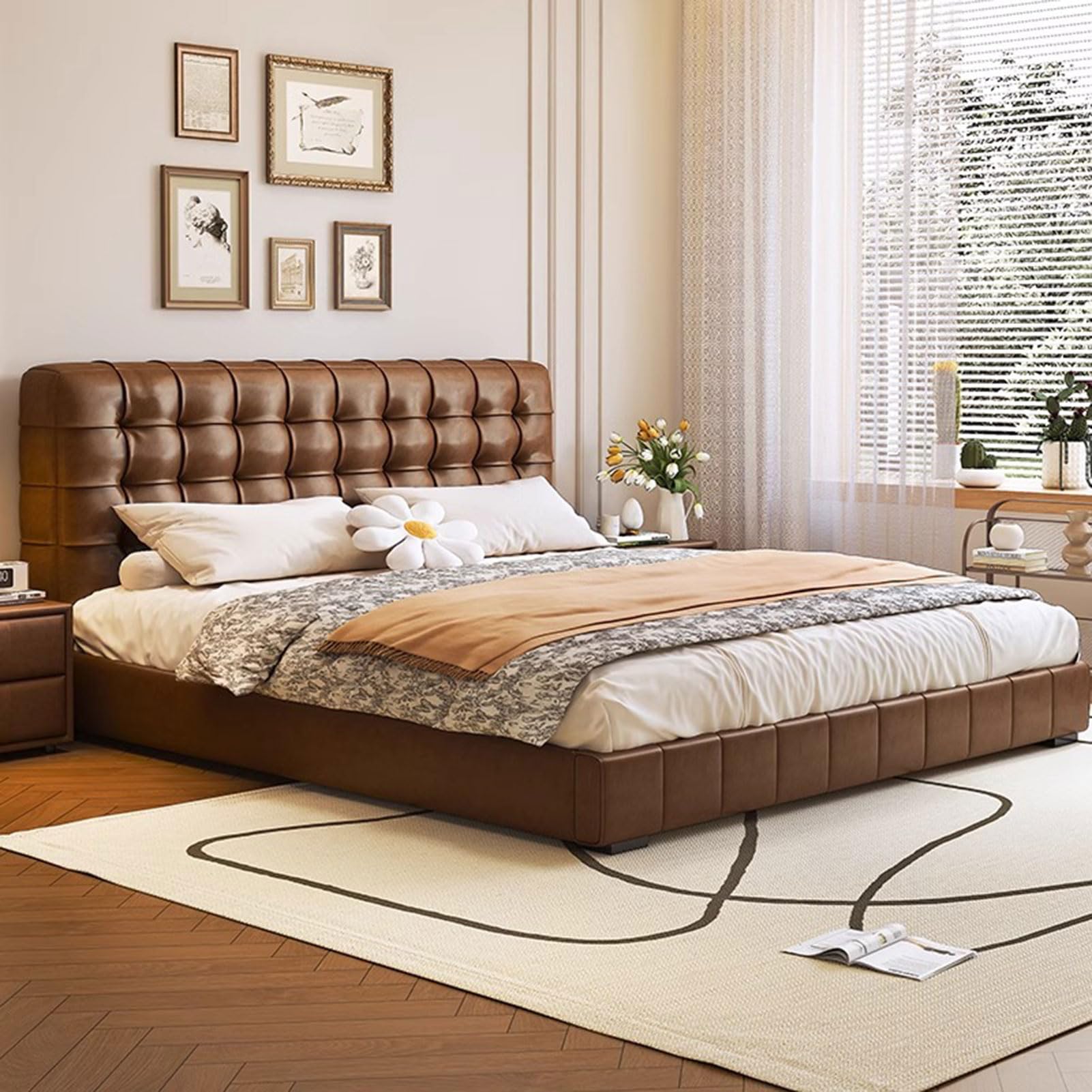 HONGYISHI Vintage Brown Queen Bed Frame, Upholstered Platform Bed Wooden Slats Support Ergonomic Upholstered Headboard Noise-Free