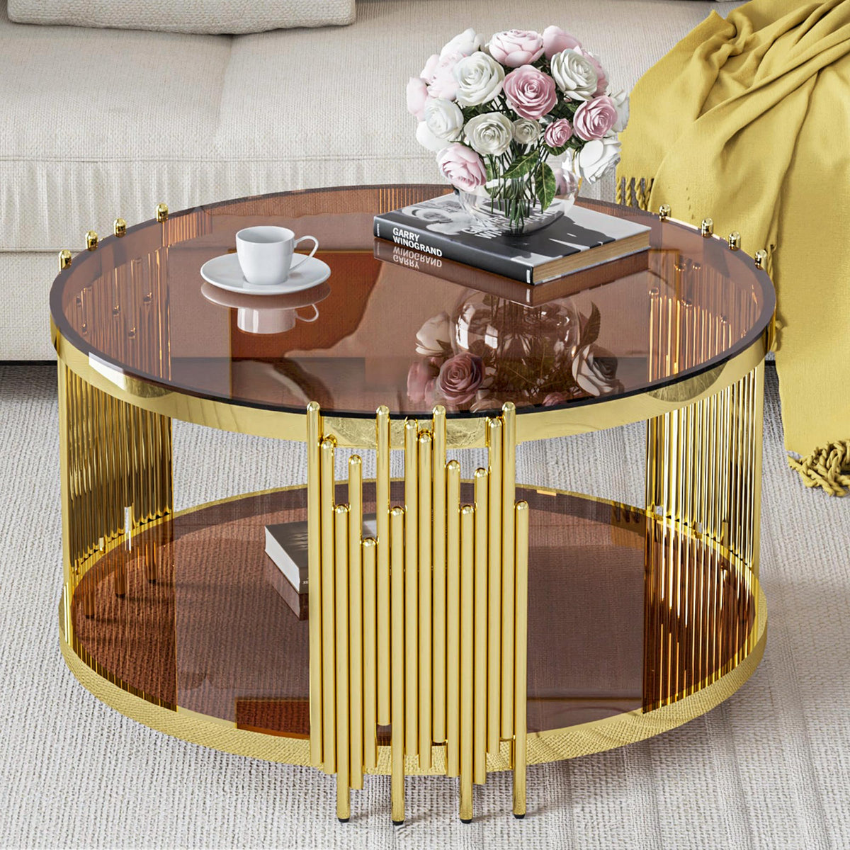 Sybrioka Luxury Gold Round Glass Coffee Table with Irregular Base