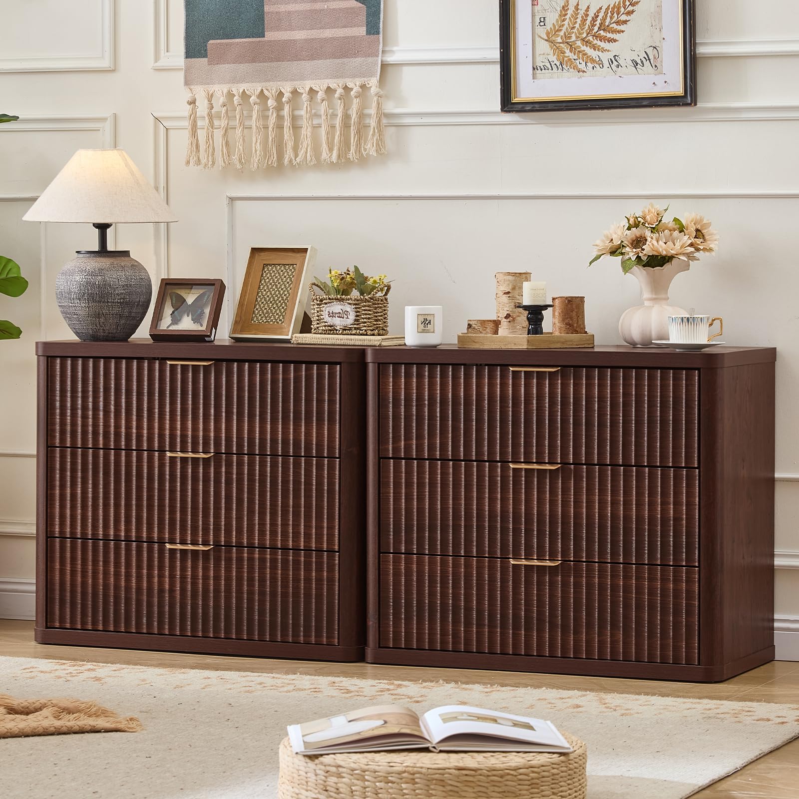 LEYAOYAO Wide Fluted Nightstand for Large Spaces